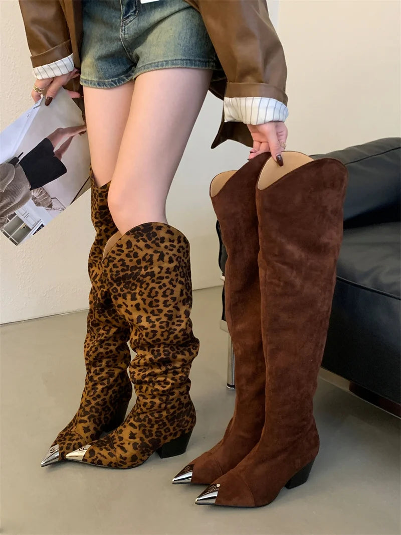 ZAROY Punk Metal Pointed Toe Knee High Boots Women Winter Retro Leopard Print Square Low Heels Pleated Western Cowboy Long Botas