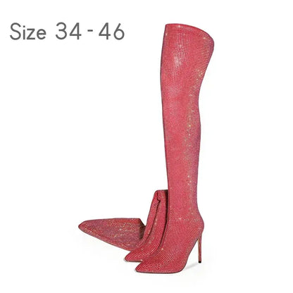 Silver Black Rhinestone 12cm High Heel Long Boots New Fashion Show Shiny Diamond Pointed Women's Over The Knee Boots Size 34-46
