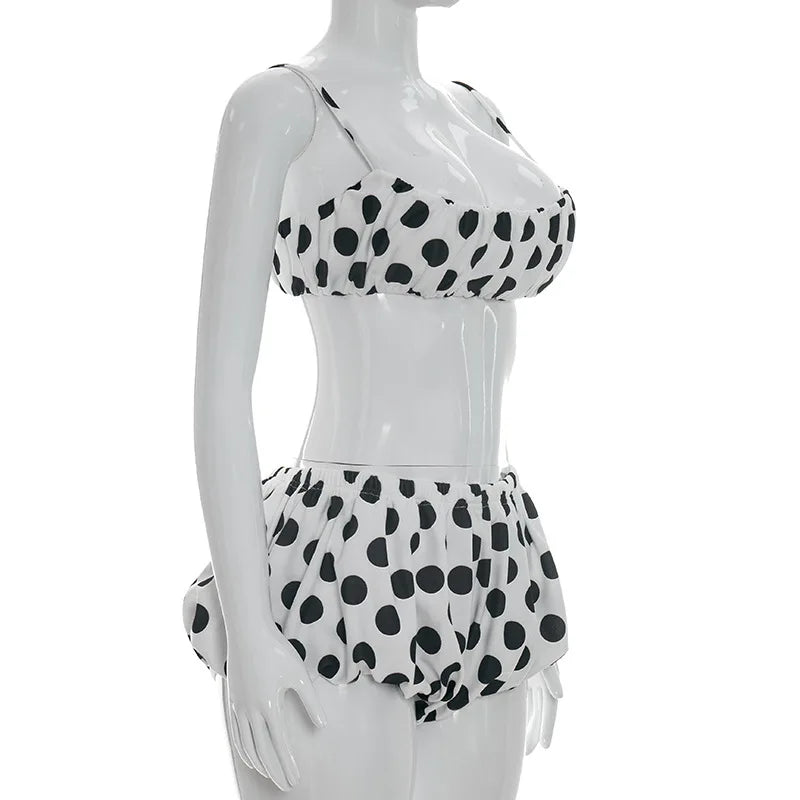 FAGADOER Retro Polka Dot Two Piece Sets Spaghetti Strap Ruched Crop Top + Bubble Puff Shorts Outfits Women Holidays Suits
