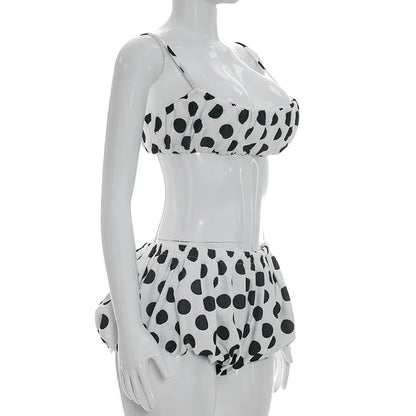 FAGADOER Retro Polka Dot Two Piece Sets Spaghetti Strap Ruched Crop Top + Bubble Puff Shorts Outfits Women Holidays Suits