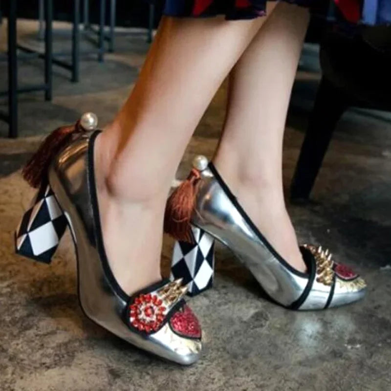 royal red heart crystal rivets Studs Pumps back pearl with tassel rhombus Square Heel Women Slip On mary jane Shoes