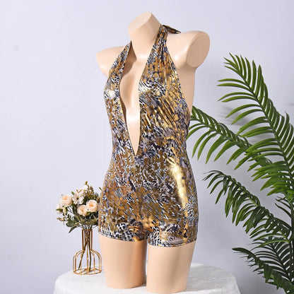 Weird Puss Sexy Halter Romper Women Leopard Print Backless Sleeveless Deep V-Neck Summer Sexy Skinny Club Midnight Playsuits