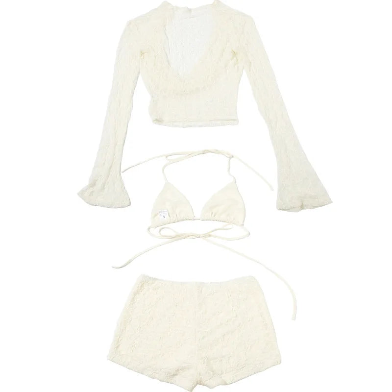 Cryptographic Fashion Halter Draped 3 Piece Sets Beach Outfits Hollow Out Lace Up Bikini Shorts Long Sleeve Co-ords Sets Suits
