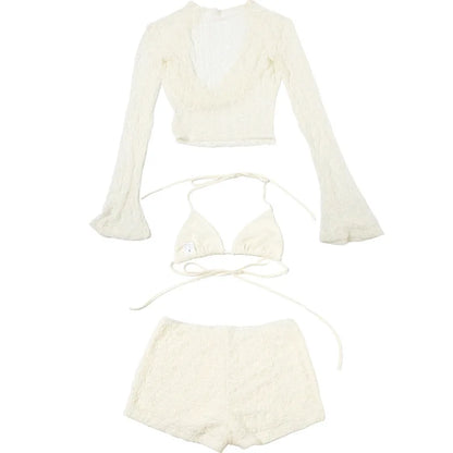 Cryptographic Fashion Halter Draped 3 Piece Sets Beach Outfits Hollow Out Lace Up Bikini Shorts Long Sleeve Co-ords Sets Suits