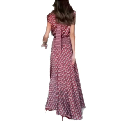 Vintage Printed Slim Office Commuting Suit Casual Loose Top+High Waisted Skirt 2pc Set Elegant Semi High Neck Sleeveless Outfit