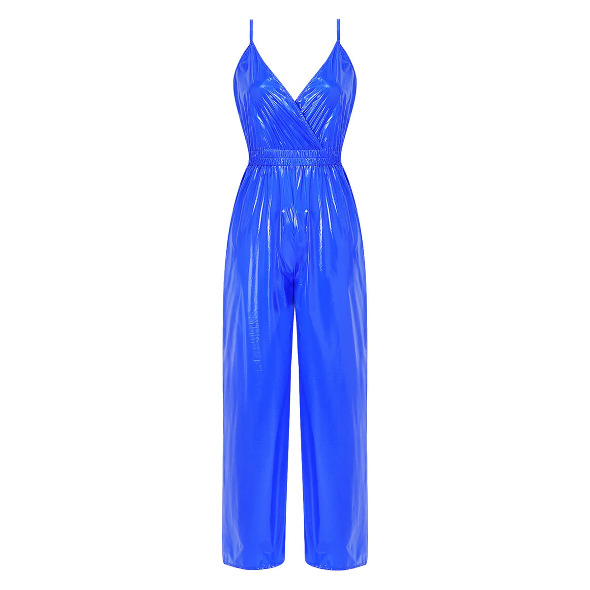 Womens Glossy Waterproof Jumpsuit Wrap V Neck Backless Elastic Waist Straight Wide Leg Pants Leotard Rompers for Clubwear Party