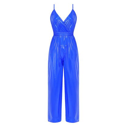 Womens Glossy Waterproof Jumpsuit Wrap V Neck Backless Elastic Waist Straight Wide Leg Pants Leotard Rompers for Clubwear Party