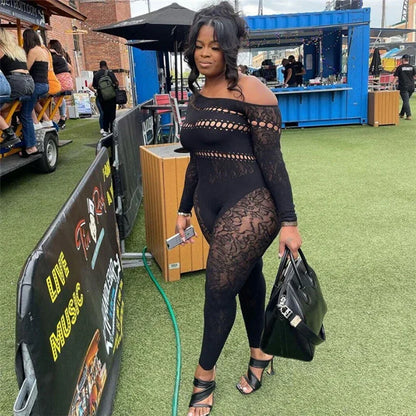 Black Night Party Lace Jumpsuits Woman Long Sleeve Skew Collar Hollow Out Patchwork Skinny One Pieces Rompers Womens Jumpsuit