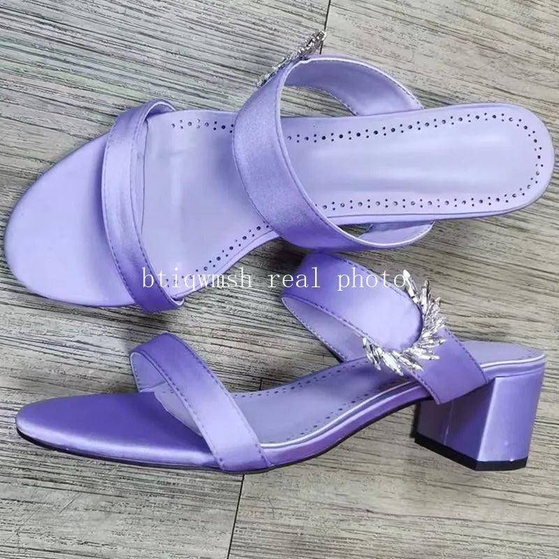 2025 Newest Rhinestone Sandals Woman Open Toe Pink Puple Luxury Satin High Heels Lady Sexy Muller Slippers