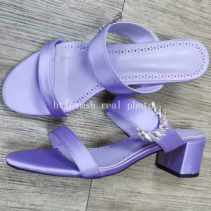 2025 Newest Rhinestone Sandals Woman Open Toe Pink Puple Luxury Satin High Heels Lady Sexy Muller Slippers