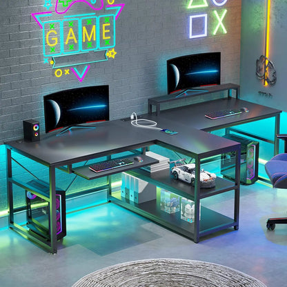 94.5" 2 Person Gaming Desk with Storage Shelves, LED Light, Black | Double T Shaped Office Desk with Keyboard Tray,, Custom