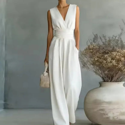 2026 Deep V Neck Women's Jumpsuits Elegant Sleeveless Solid High Waist Rompers Casual Wide Leg Pants Overalls Vacation Outfit
