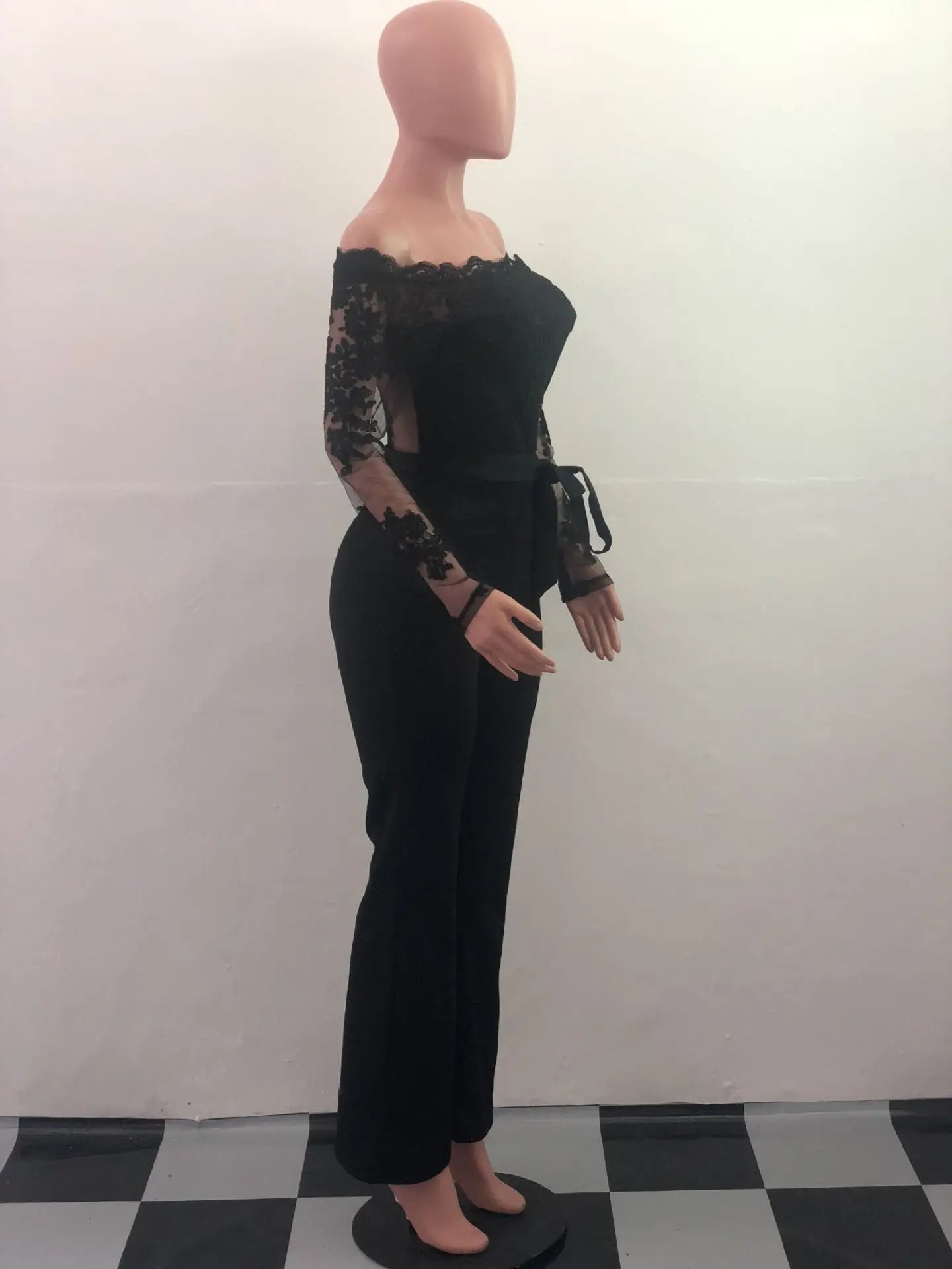 Womens Elegant Off Shoulder Long Pants Wide Leg Jumpsuits Floral Embroidery Lace See Through Cocktail Club Party Evening Rompers