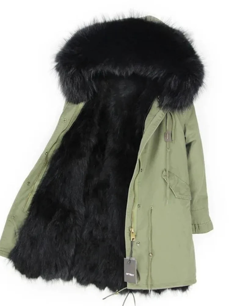 Real Fur Coat Winter Jacket Women Long Parka Waterproof Big Natural Raccoon Fur Collar Hood Thick Warm Real Fox Fur Liner coat