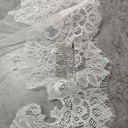 Customized Long Mantilla Veil with Eyelash Lace, 2.5m/3m Ivory Veil with Hidden Comb, Chantilly Eyelash Lace Wedding Veil