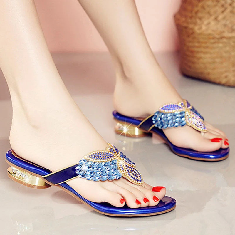 Water Diamond Slippers for Women Summer Outwear Bohemian Beach Shoes Low Heel Holiday Flip Flops Sandals