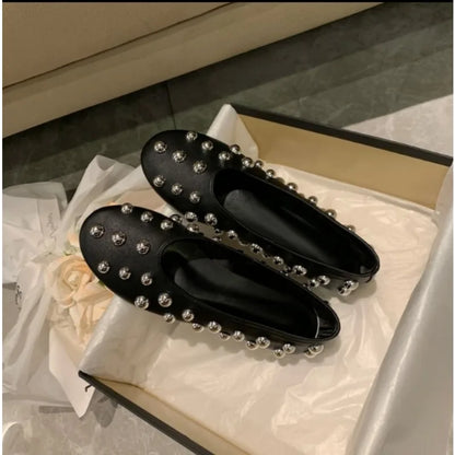 New Rivet Round Head Flat Shoes Luxury Black Leather Sandal Ballet Sandals Silver Ball Metal Hollow Mary Jane Shoes 35-42