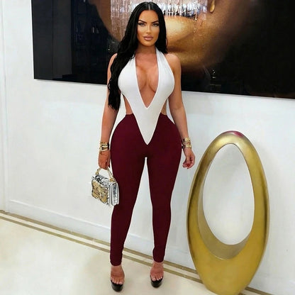 Patchwork Rave Outfit Woman Jumpsuits and Rompers Fancy Club Party Halter V-neck Backless Sleeveless Skinny One Piece Jumpsuit