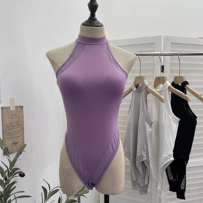 ISAROSE Summer Sexy Bodysuit for Women Stretch Braless Solid Color Back Zipper Sleeveless Basic Design Slim Halter Jumpsuit