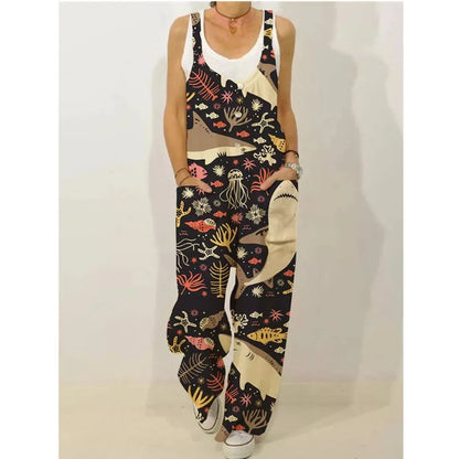 Women's Sleeveless Jumpsuit 2022 Summer Boho Floral Wide Leg Long Pants Rompers Ladies Strap Plus Size Casual Loose Bib Trousers