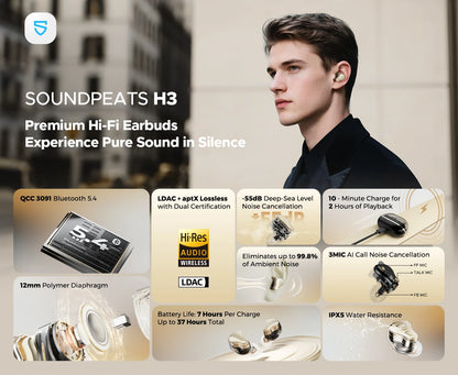 SoundPEATS H3 Wireless Bluetooth Earbuds Hybrid 3 Driver HiFi 55dB Adaptive ANC Headphones with LDAC AptX Lossless Hi-Res Audio