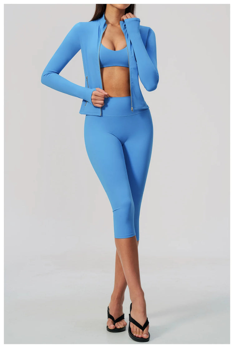 Yoga Set 3PCS Women's Tracksuit Workout Outfit Zipper Fitness Long Sleeved Sports Set Gym Clothes Female Sports Bra Yoga Outfits