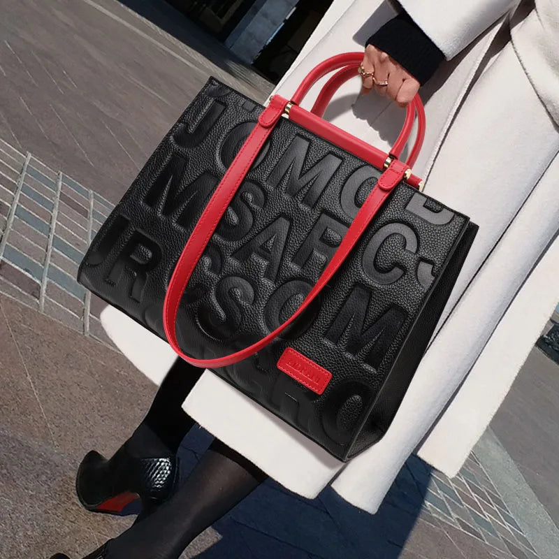 2026 New Large Capacity Contrast Letter Printed Women's Handbag High end Cowhide Mom's Bag