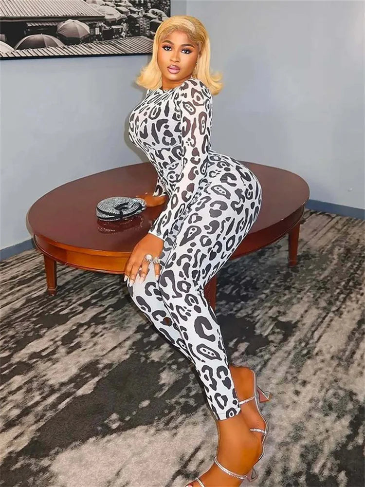 Weird Puss See Through Leopard 2-Piece Set Women o-Neck t-Shirt+Tight Trousers Matching Fashion Sexy Hottie Stretch Slim Outfits