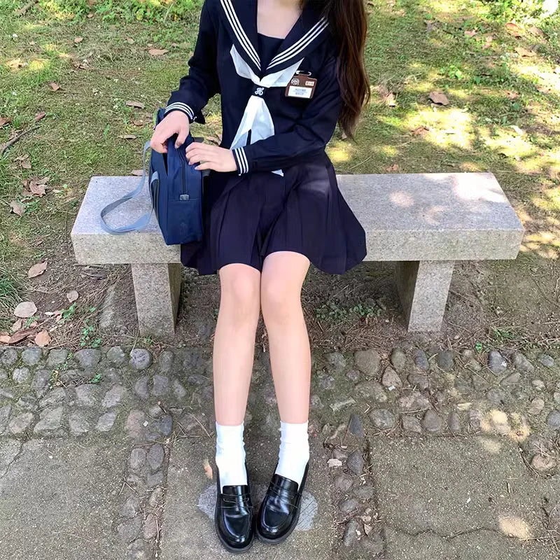 Japanese Classical Dark Blue long-sleeved sailor uniforms white collar towel High School JK uniform cosplay Cute Girl DA020