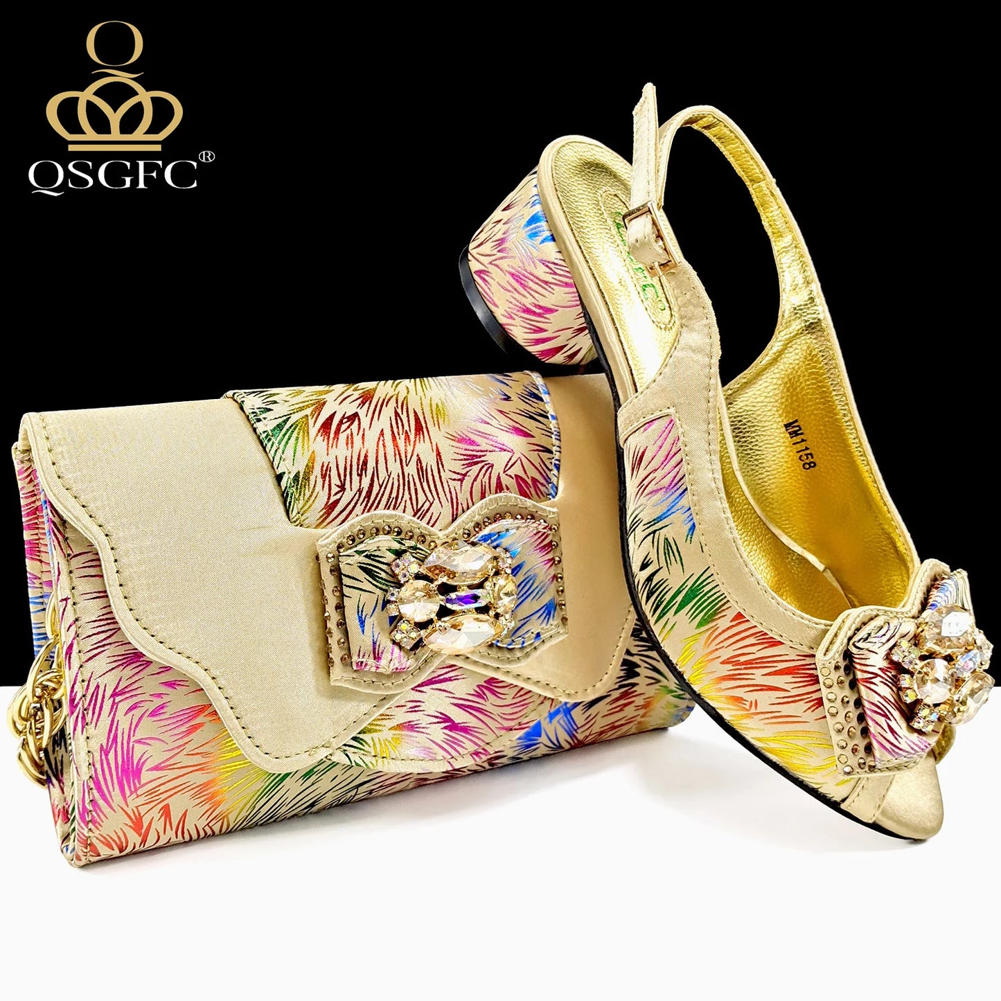 QSGFC Italian Design Color Matching Rhinestone Comfortable High Heel Shoes And Bag Fashion Style Pointed-Toe Shoes For Women