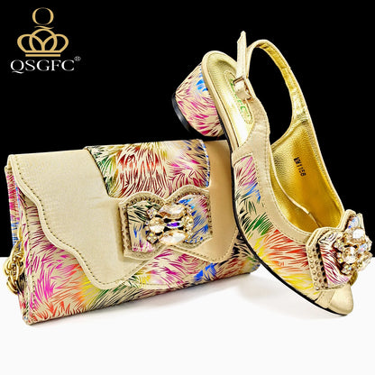QSGFC New Design Nigerian Style Women Heels Shoes And Elegant Bag Set Color Matching Handbag Wedding Party Women Shoes