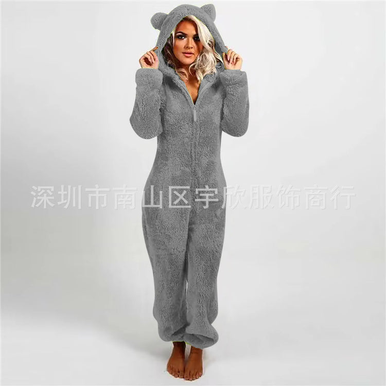 Casual Cute Women's Thick Warm Furry Jumpsuit One-Piece Solid color Hooded Pants Set Home Wear Comfortable Jumpsuits Overall