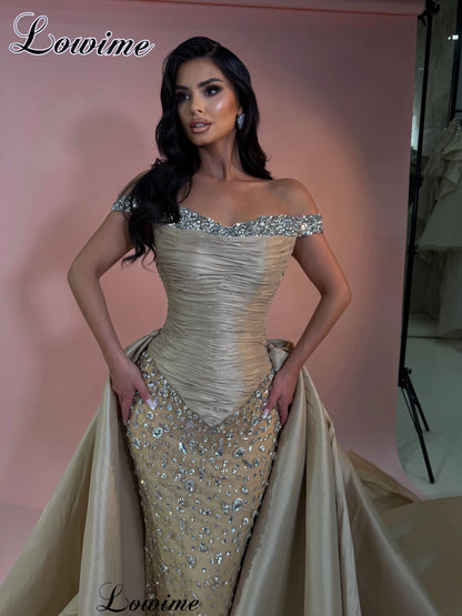 2026 High Fashion Celebrity Dresses With Detachable Train Crystals Sweetheart Evening Gowns Mermaid Vestidos De Gala Customized