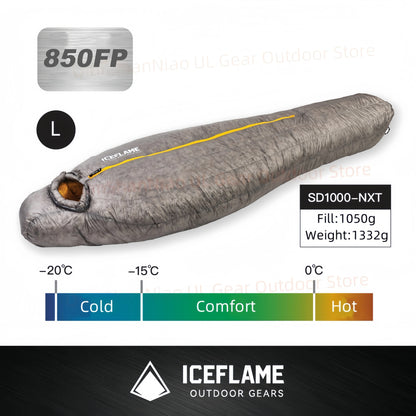 ICE FLAME Camping Mummy Gray Down Sleeping Bag Outdoor Ultralight 10D Unisex Sleeping Bag Traveling Hiking Mountain Climbing