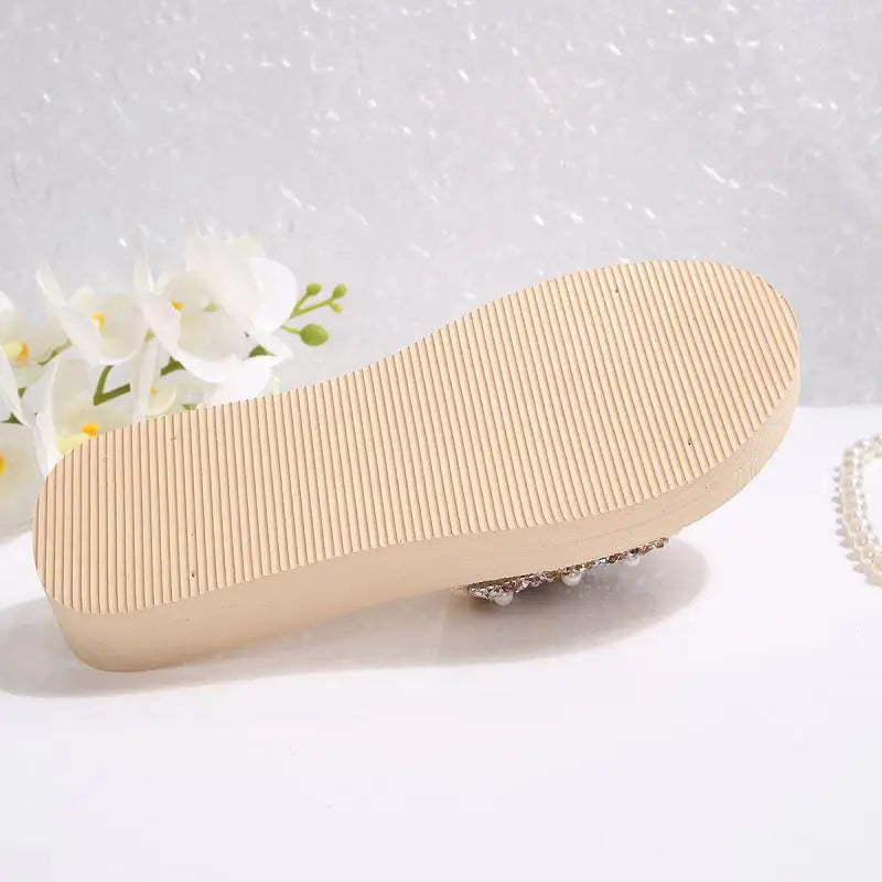 Luxury Rhinestore Platform Wedge Heel Sandals Women Summer 2026 Lightweight Non Slip Slippers Lady's Elegant Pearl Beach Shoes