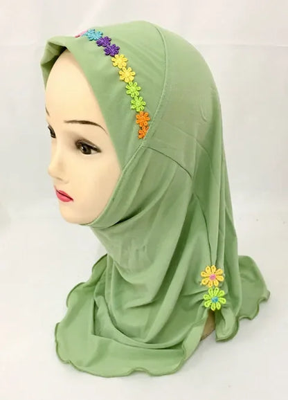 Girls Kids Muslim Beautiful Hijab Islamic Arab Scarf Shawls Flower Pattern