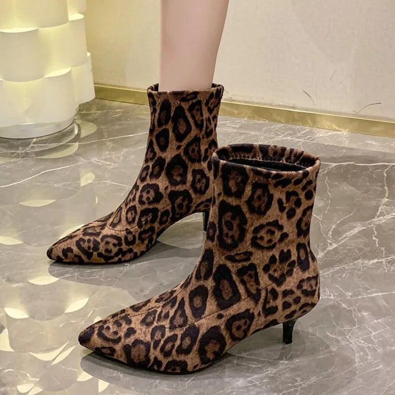 Brand Design Leopard Elastic Boots Women 2025 Winter Sexy Pointed Toe High Heel Party Boots Womens Dress Pumps Fashion Booties