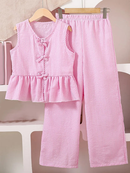 Kids Girls 2 Piece Pink Stripe Sleeveless Peplum Top & Wide Leg Pants Set Cute Bow Detail Summer Outfit