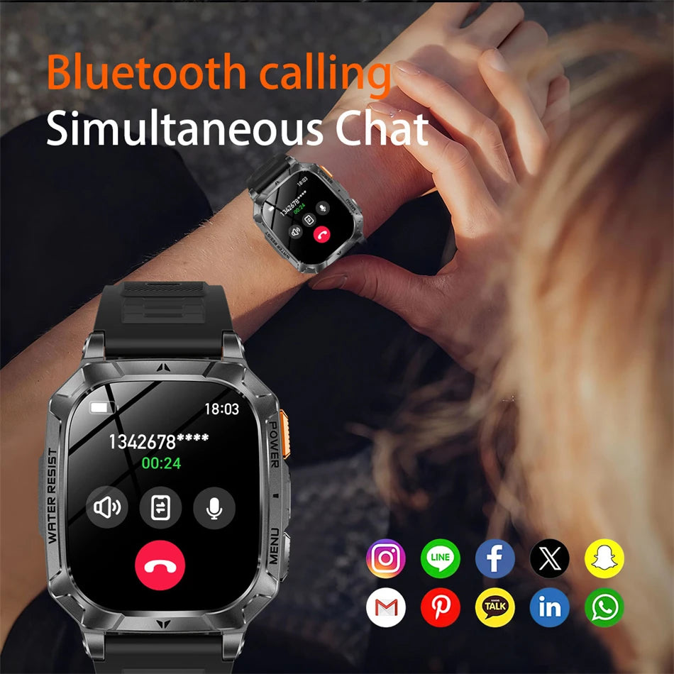 New 1400 mAh Battery Military Smartwatch Men IP68 Waterproof Flashlight Health Monitor Sports Call Smart Watch For iOS Android