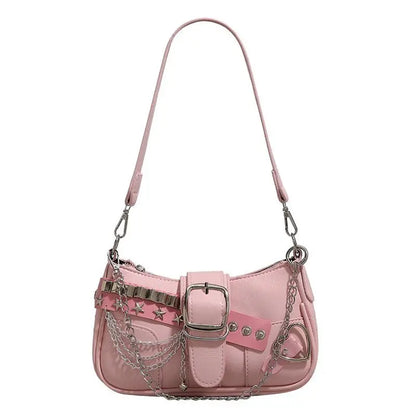 Fashion Hot Girls Square Shoulder Bags Retro Rivet Star Women's Underarm Bag Sweet Pu Leather Female Chain Handbags Pink Purse