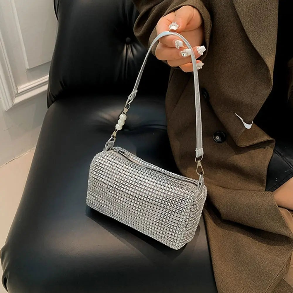 Allover Rhinestone Bucket Bag Waterproof Lightweight Women Crossbody Bag Mini All-match Glitter Chain Prom Purse for Ladies