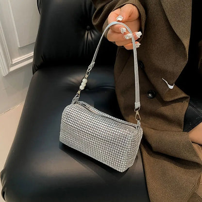 Allover Rhinestone Bucket Bag Waterproof Lightweight Women Crossbody Bag Mini All-match Glitter Chain Prom Purse for Ladies