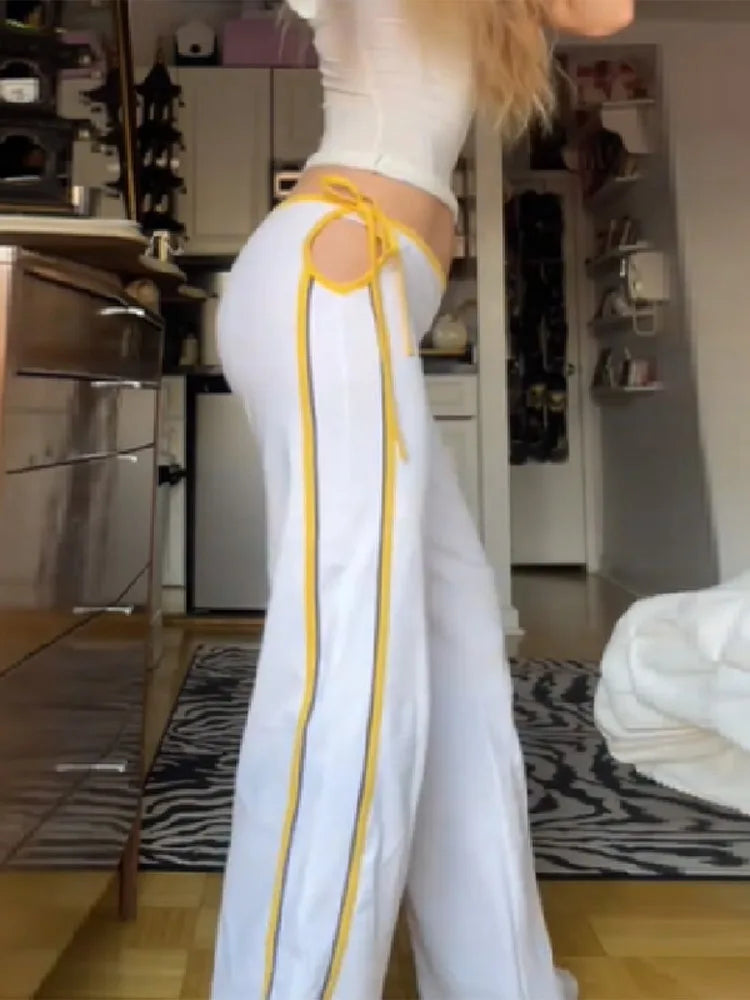 Women's Vintage American Streetwear Wide Leg Pants Stripe Side Tie Loose Trousers Lady New Cozy Date Exercise Vacation Casual