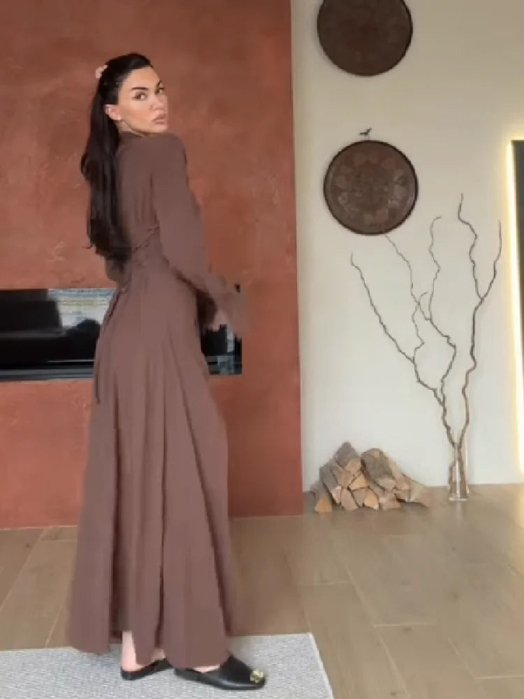 Women's Casual High Neck Long Sleeve Maxi Dress Elegant Waist Slimming Slit Hem Unique Wear Chic Lady Formal Work Meeting Outfit