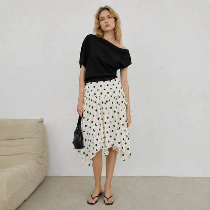 Women's Vintage Polka Dot Asymmetrical Hem Skirt White Black High Waist Drawstring Flowy Casual Midi Skirt Streetwear