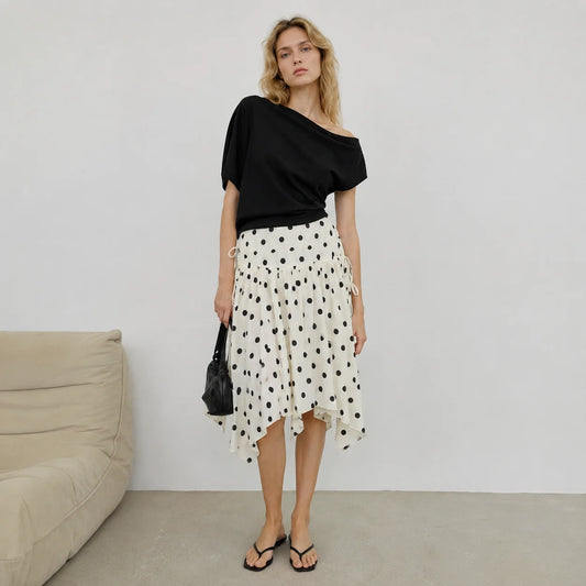 Women's Vintage Polka Dot Asymmetrical Hem Skirt White Black High Waist Drawstring Flowy Casual Midi Skirt Streetwear