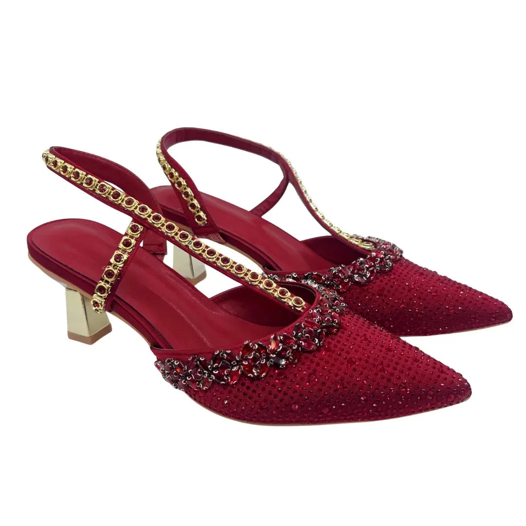 Insightlink Luxury Red Rhinestone Slingback Heels Bow Clutch Set Pointed Toe Shoes for Women Wedding Party Banquet Formal Event