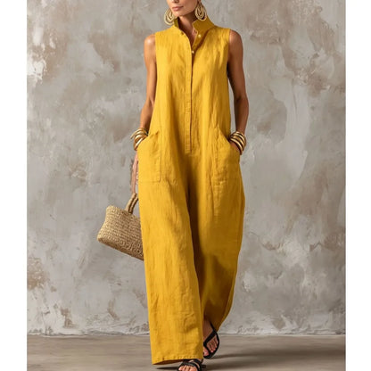 Elegant Women's Sleeveless Linen Blend Jumpsuit Button Down Collared Romper Casual Loose Summer Beach Vacation Boho Jumpsuits