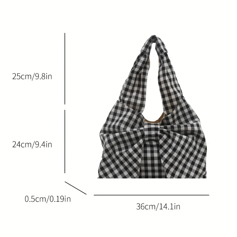 Women Red White/ Blue White Gingham Plaid Tote Bag with Big Bow Decor, Large Capacity Soft Canvas Shoulder Handbag, Casual Shopping Bag for Picnic Travel Daily Commute