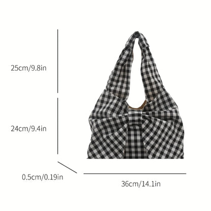 Women Red White/ Blue White Gingham Plaid Tote Bag with Big Bow Decor, Large Capacity Soft Canvas Shoulder Handbag, Casual Shopping Bag for Picnic Travel Daily Commute